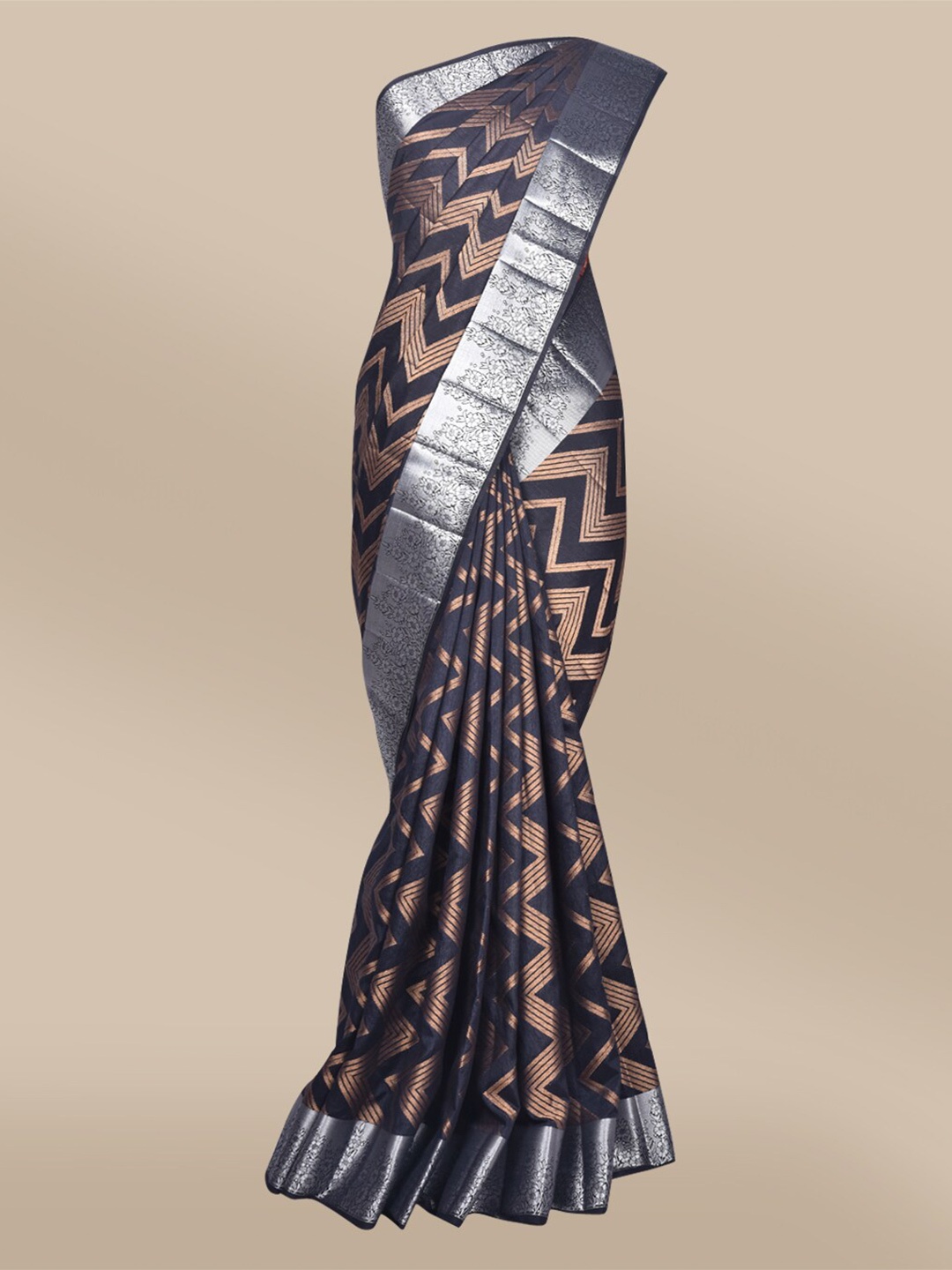 

The Chennai Silks Black & Silver-Toned Zari Jute Cotton Fusion Saree
