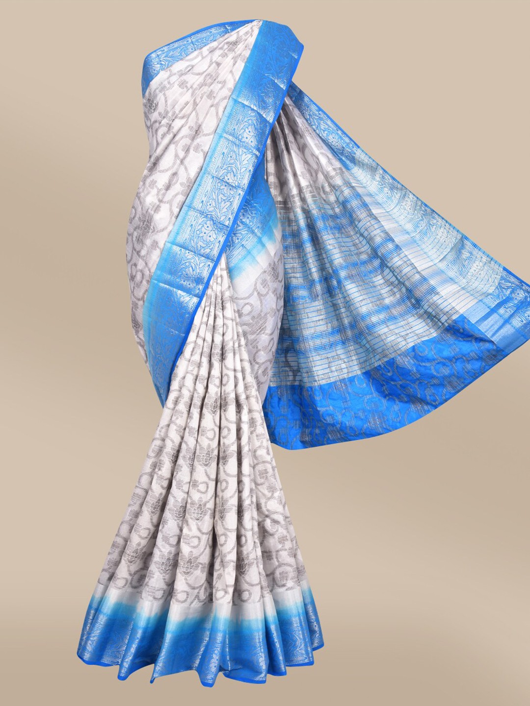 

The Chennai Silks Off White & Blue Floral Zari Jute Cotton Fusion Saree