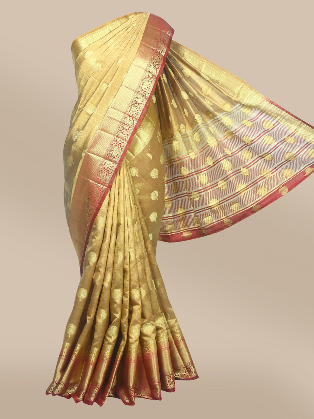 

The Chennai Silks Cream & Brown Floral Zari Jute Cotton Fusion Saree