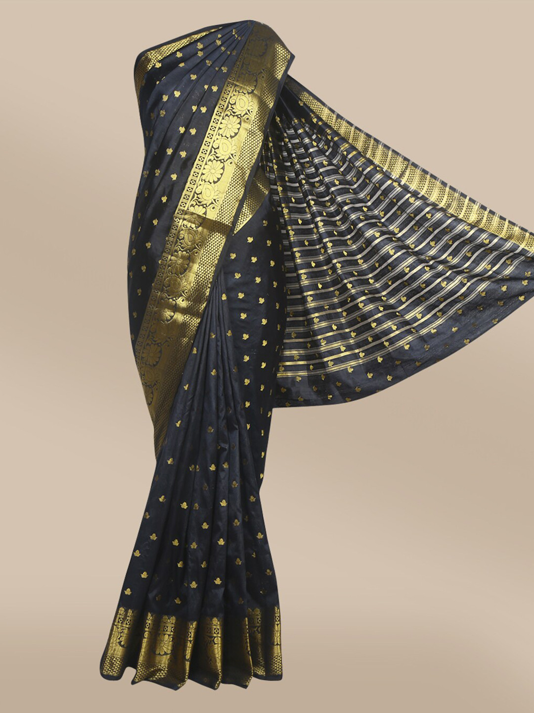 

The Chennai Silks Black & Gold-Toned Ethnic Motifs Zari Fusion Nylon Silk Taffeta Saree