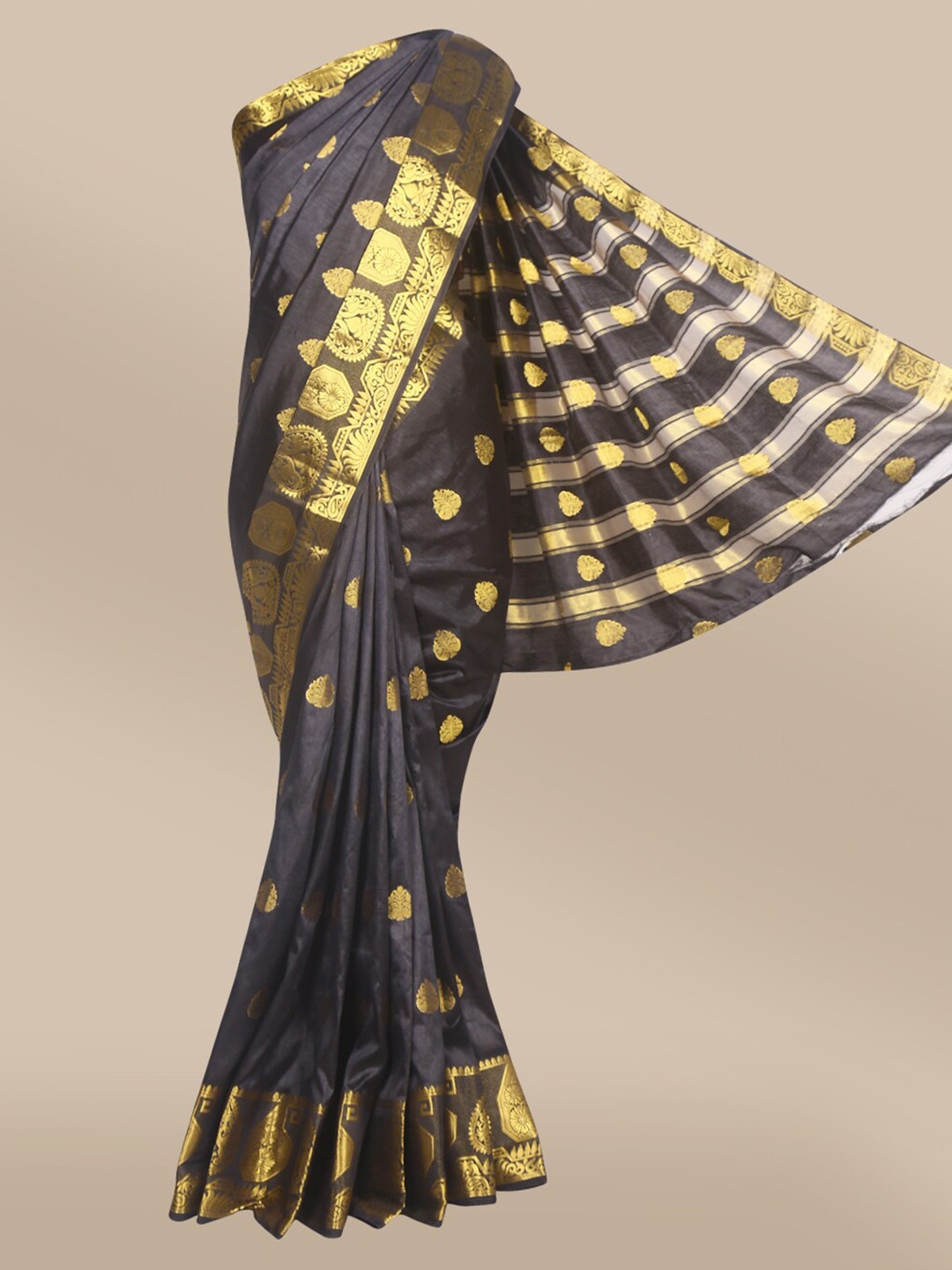 

The Chennai Silks Black & Gold-Toned Ethnic Motifs Nylon Silk Taffeta Zari Fusion Saree