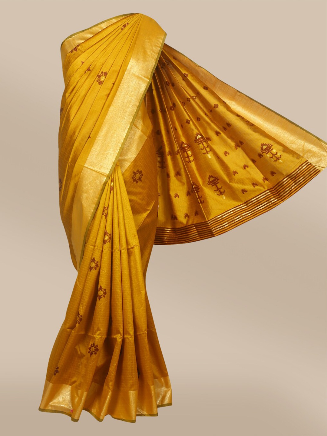 

The Chennai Silks Mustard & Maroon Ethnic Motifs Banarasi Saree
