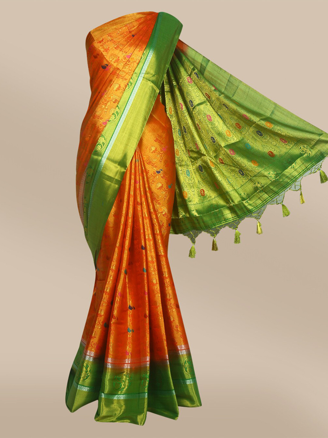 

The Chennai Silks Orange & Green Floral Woven Design Jute Cotton Saree