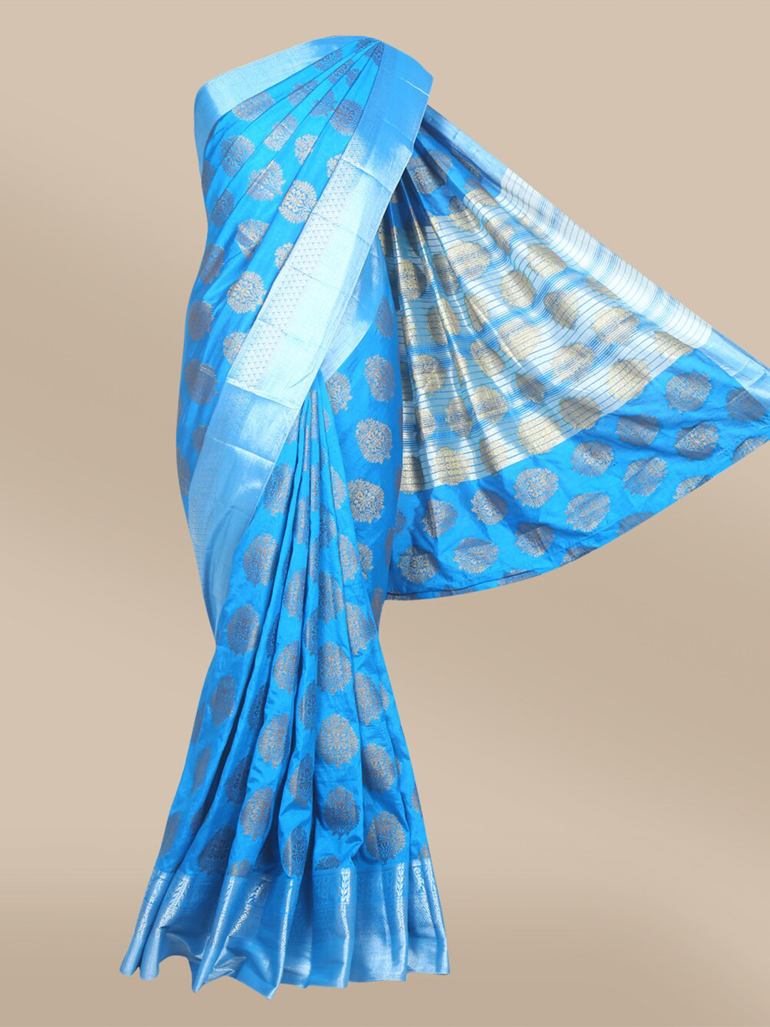 

The Chennai Silks Blue & Silver-Toned Ethnic Motifs Zari Jute Cotton Fusion Saree