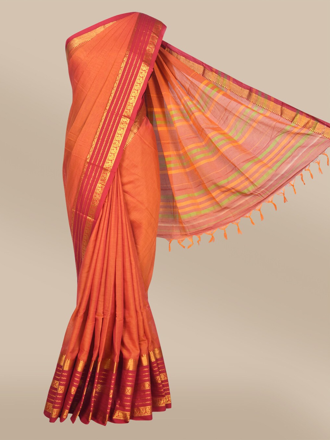 

The Chennai Silks Orange & Red Cotton Blend Zari Fusion Saree