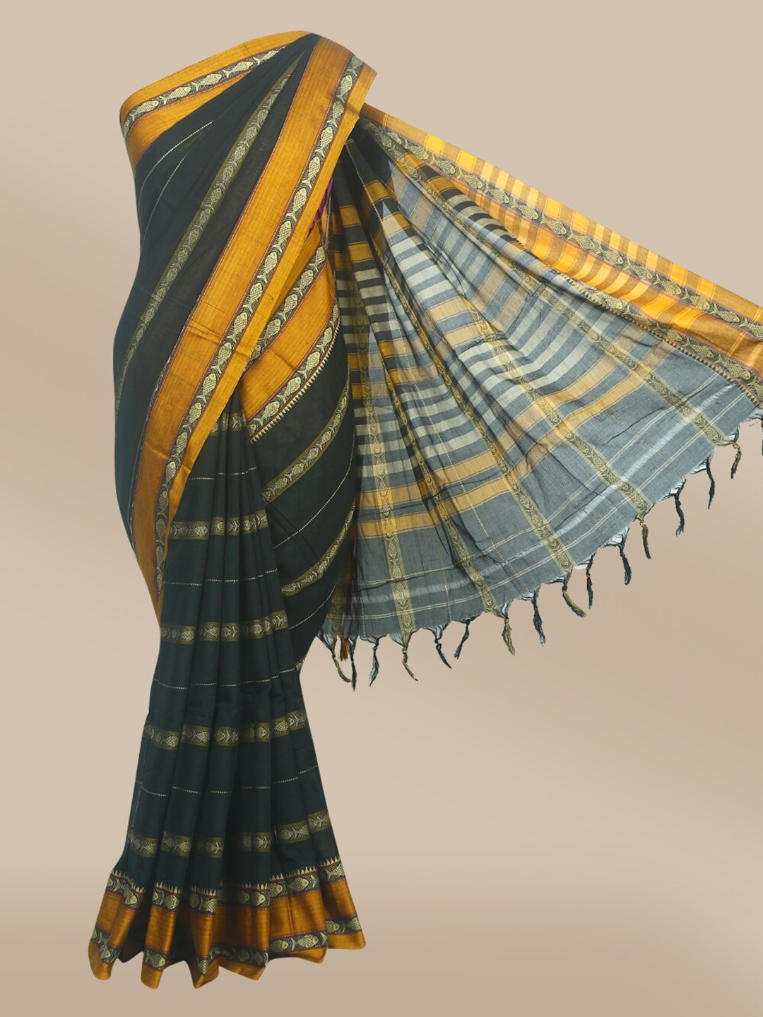 

The Chennai Silks Black & Yellow Striped Woven Design Cotton Blend Saree