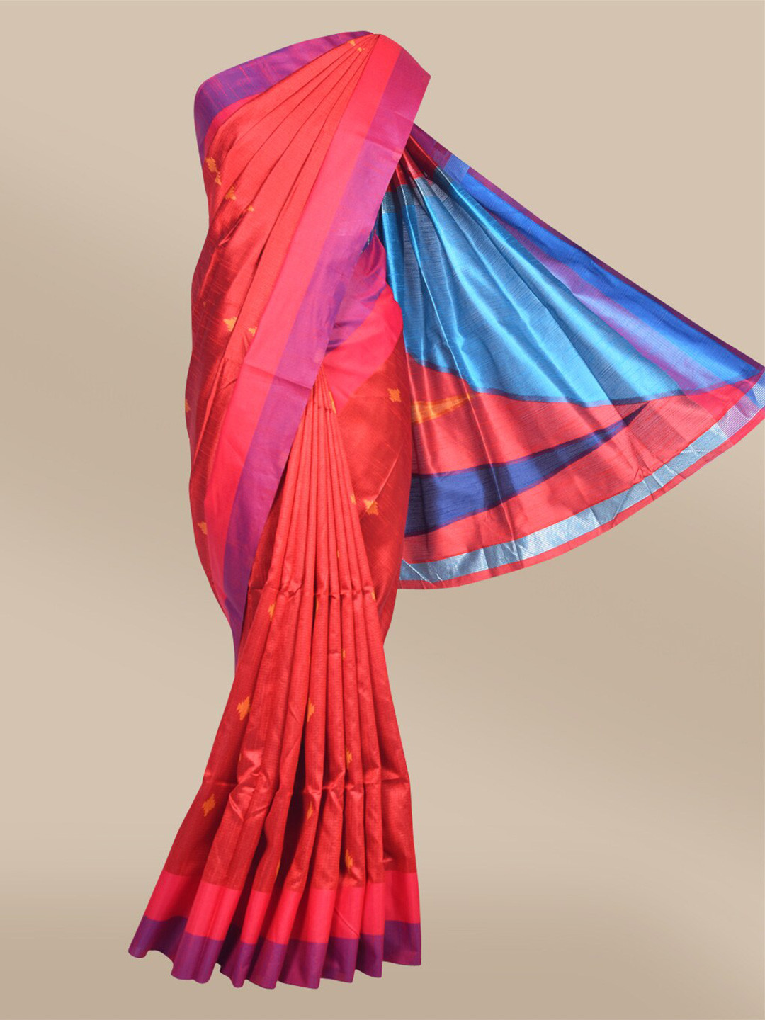 

The Chennai Silks Red & Blue Woven Design Zari Fusion Semi Dupion Banarasi Saree