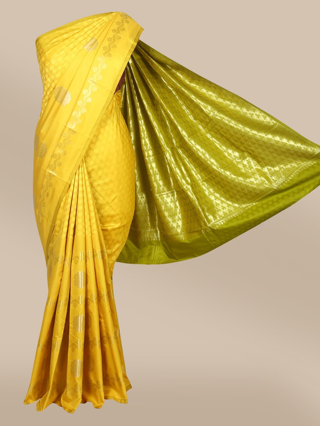 

The Chennai Silks Yellow & Gold-Toned Ethnic Motifs Zari Art Silk Saree