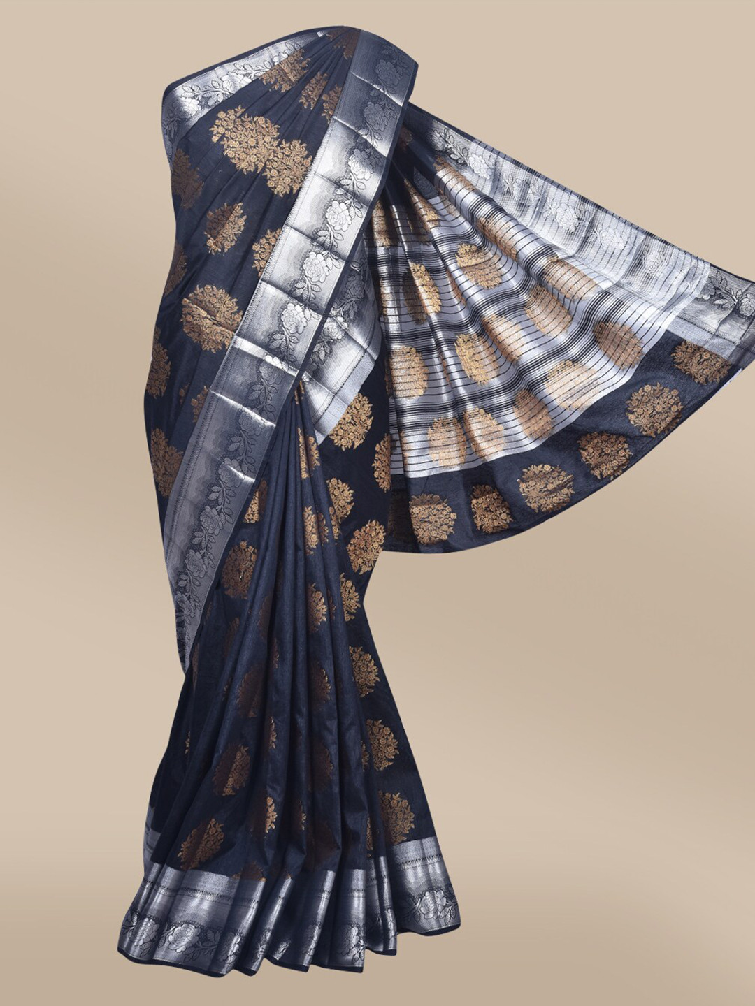 

The Chennai Silks Black & Silver-Toned Floral Woven Design Saree