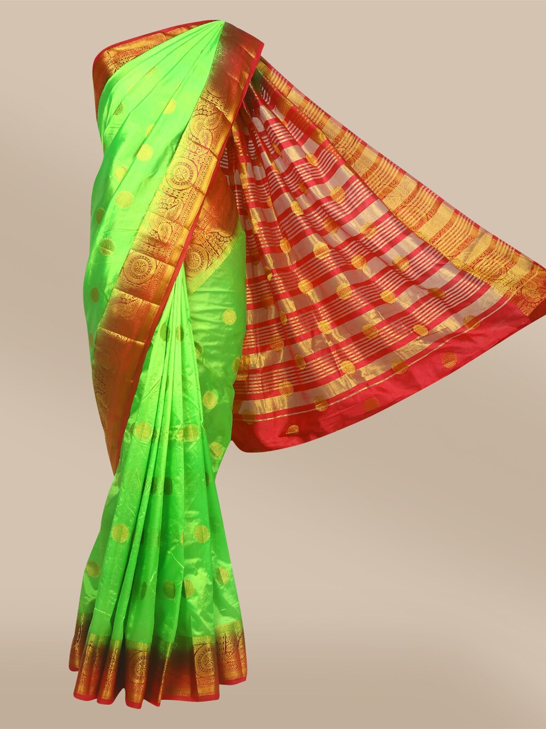 

The Chennai Silks Green & Red Ethnic Motifs Zari Saree