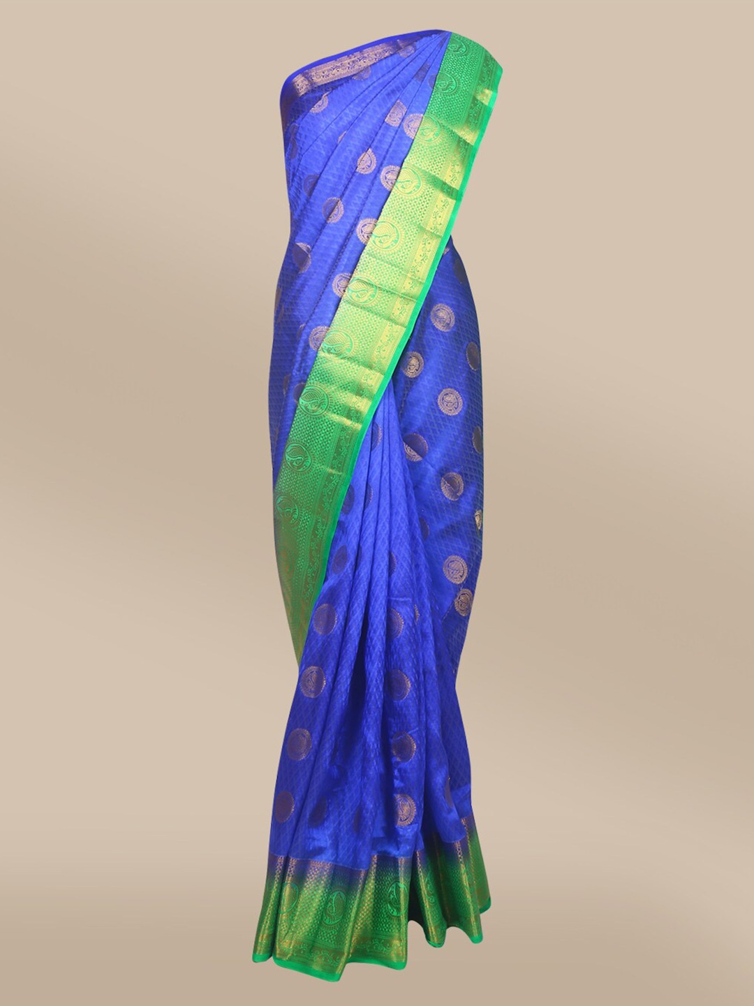 

The Chennai Silks Blue & Green Ethnic Motifs Zari Nylon Silk Taffeta Saree