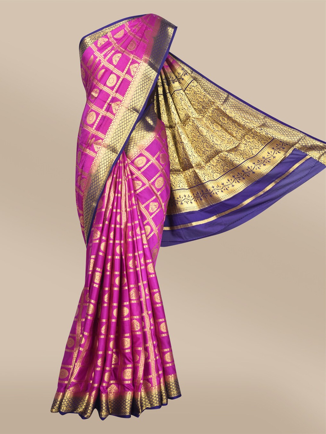 

The Chennai Silks Violet & Navy Blue Woven Design Mysore Silk Poly Crepe Zari Fusion Saree