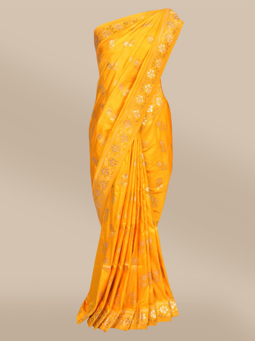 

The Chennai Silks Yellow & Gold-Toned Woven Design Zari Jute Cotton Fusion Saree