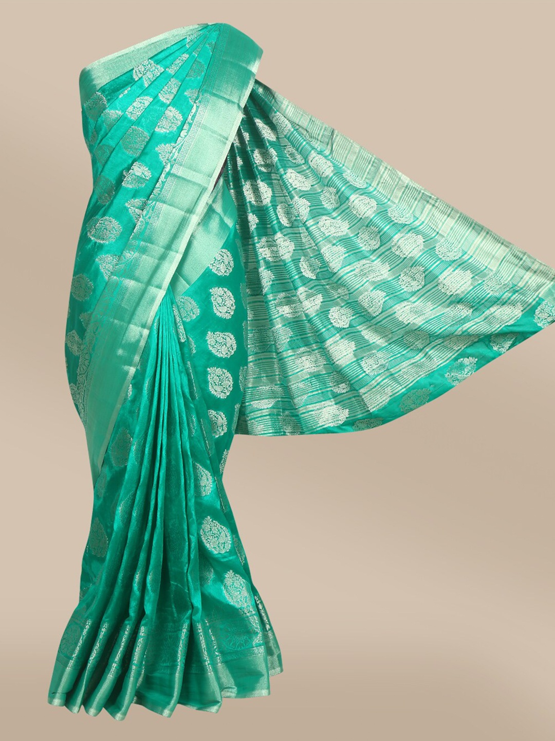 

The Chennai Silks Sea Green & Silver-Toned Ethnic Motifs Zari Jute Cotton Saree