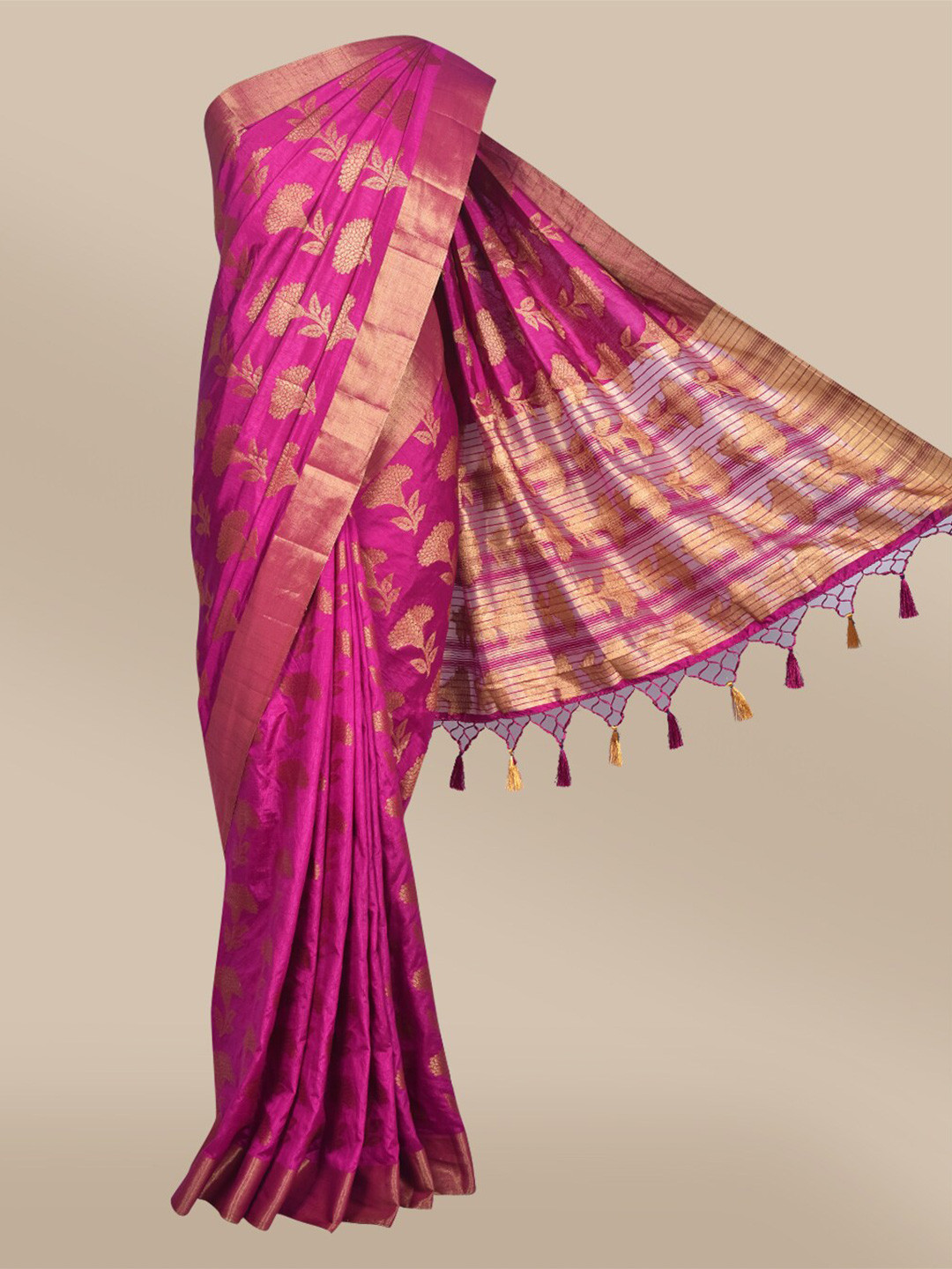 

The Chennai Silks Magenta & Gold-Toned Floral Zari Jute Cotton Fusion Saree