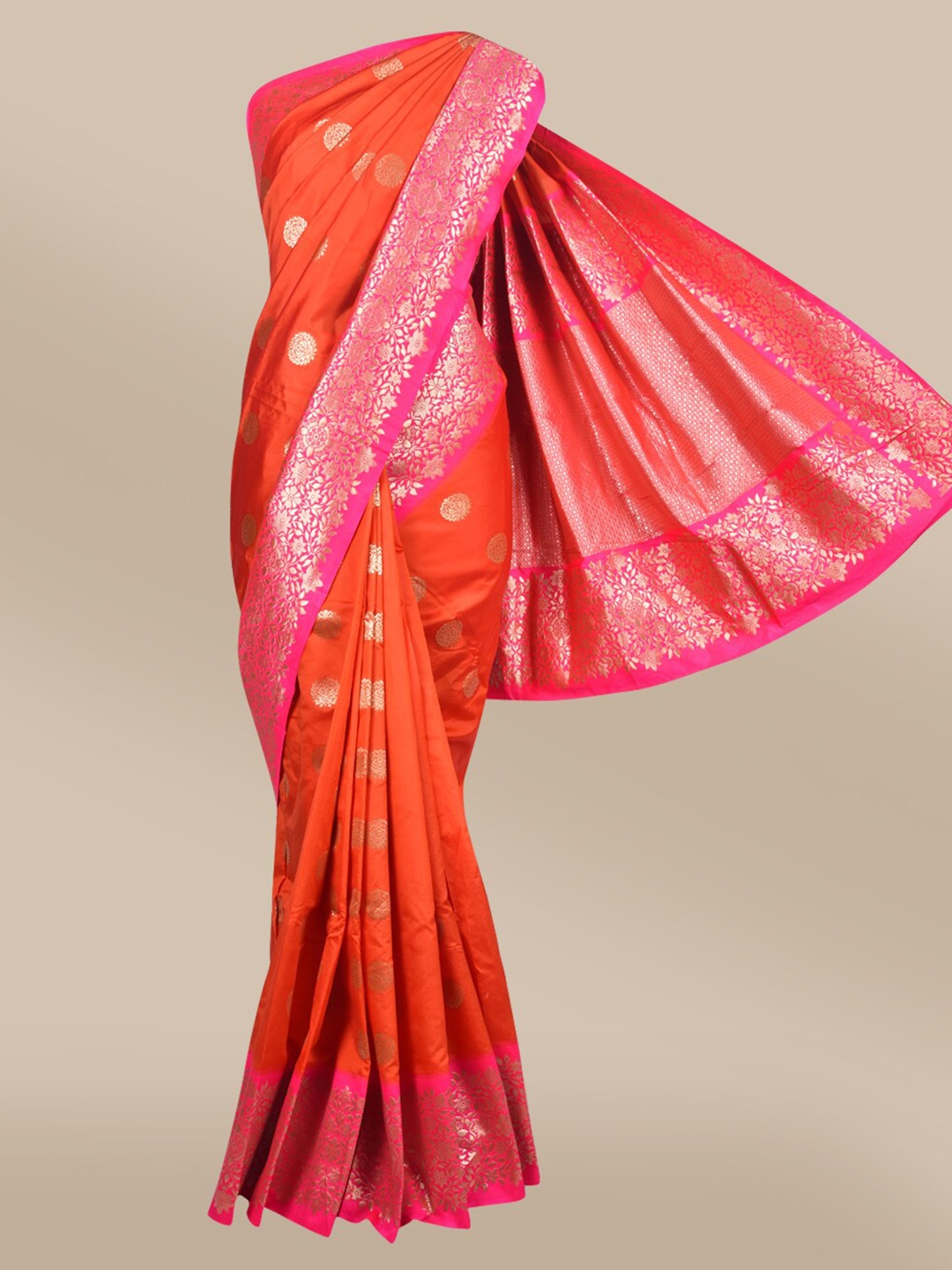 

The Chennai Silks Orange & Pink Floral Zari Dupion Silk Blend Banarasi Saree