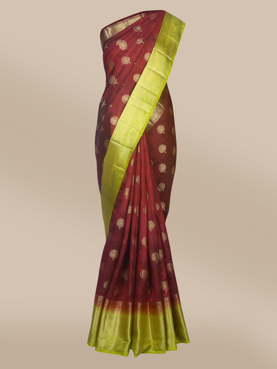 

The Chennai Silks Brown & Green Floral Zari Jute Cotton Fusion Saree
