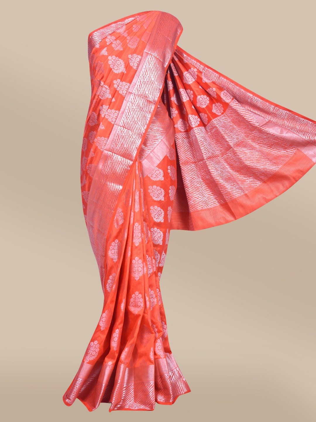 

The Chennai Silks Orange & Silver-Toned Ethnic Motifs Zari Jute Cotton Saree