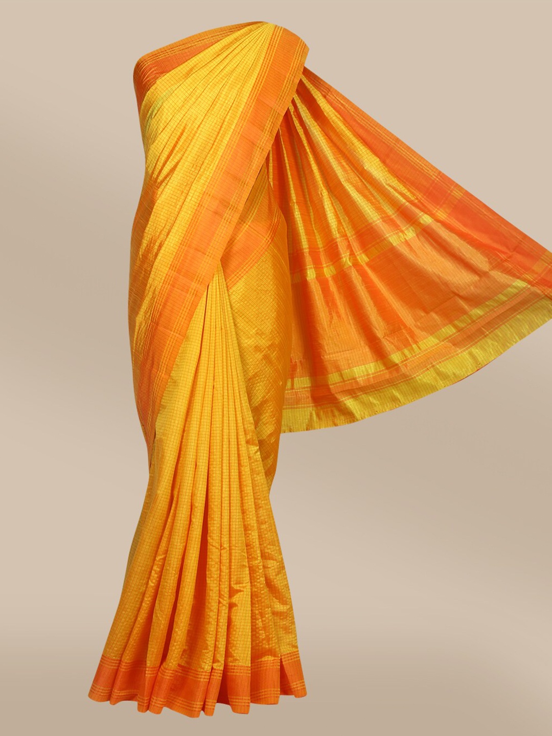 

The Chennai Silks Orange & Yellow Checked Jute Cotton Saree