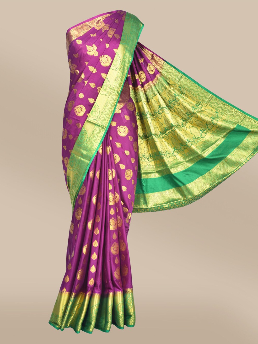 

The Chennai Silks Violet & Green Ethnic Motifs Zari Fusion Mysore Silk Poly Crepe Saree