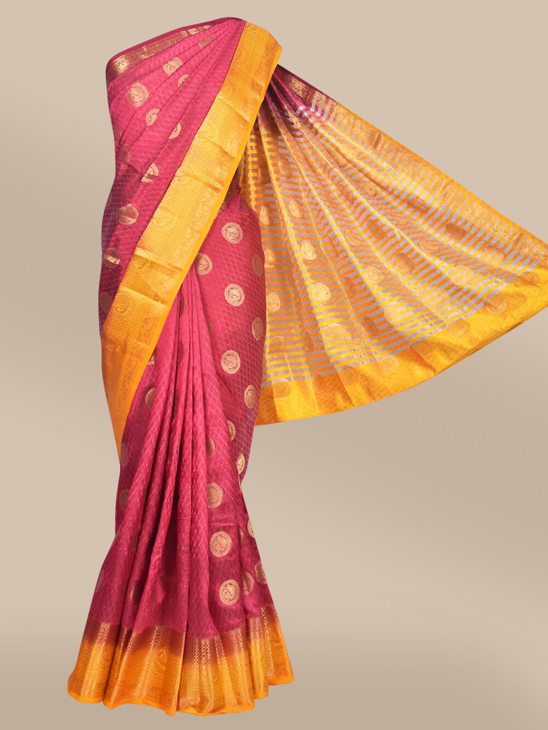 

The Chennai Silks Maroon & Yellow Ethnic Motifs Zari Nylon Silk Taffeta Saree