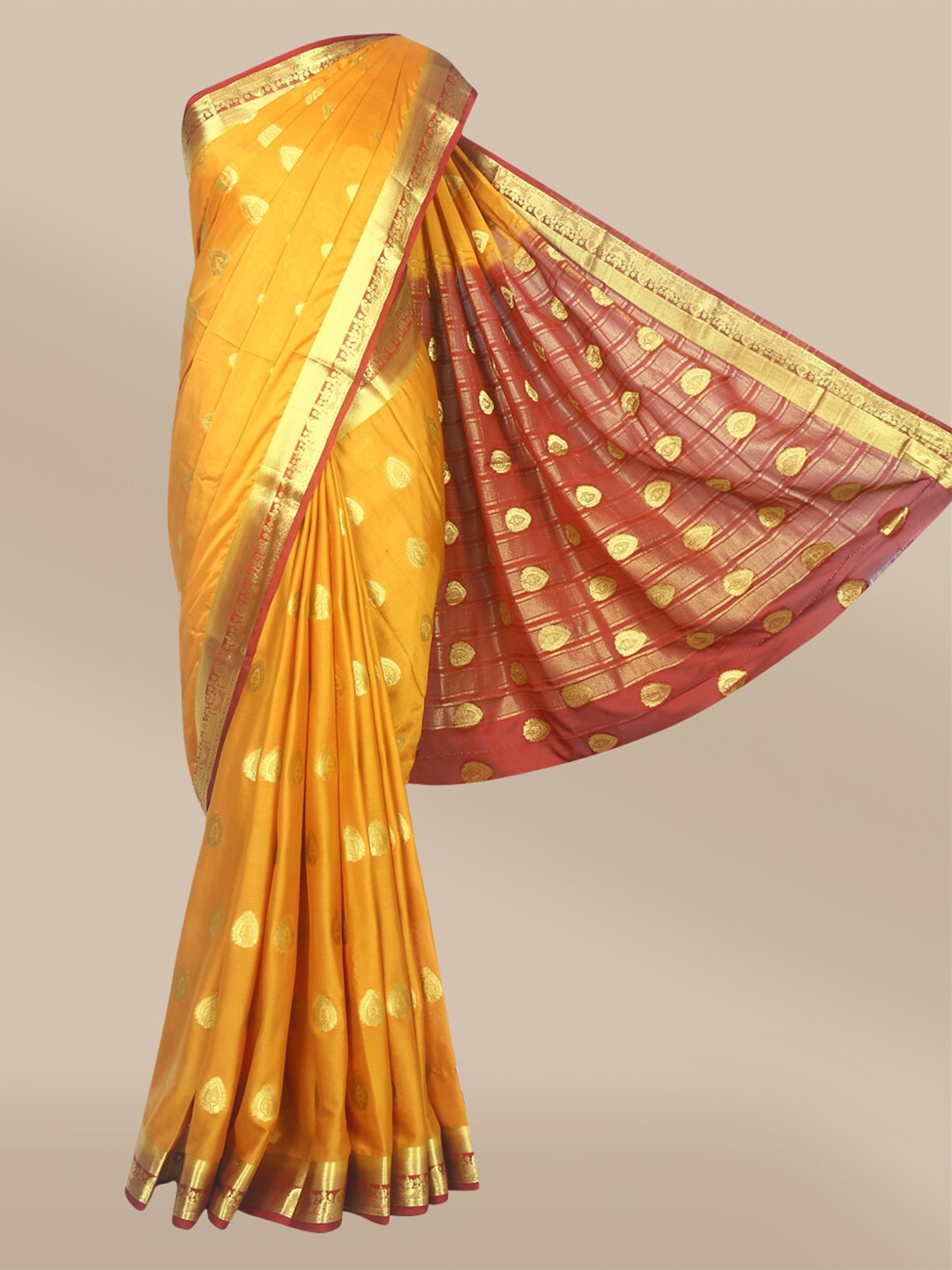 

The Chennai Silks Mustard & Red Ethnic Motifs Zari Fusion Mysore Silk Poly Crepe Saree