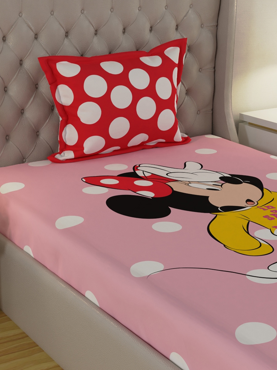 

Disney Pink & Red Cartoon Characters 180 TC Single Bedsheet with 1 Pillow Covers