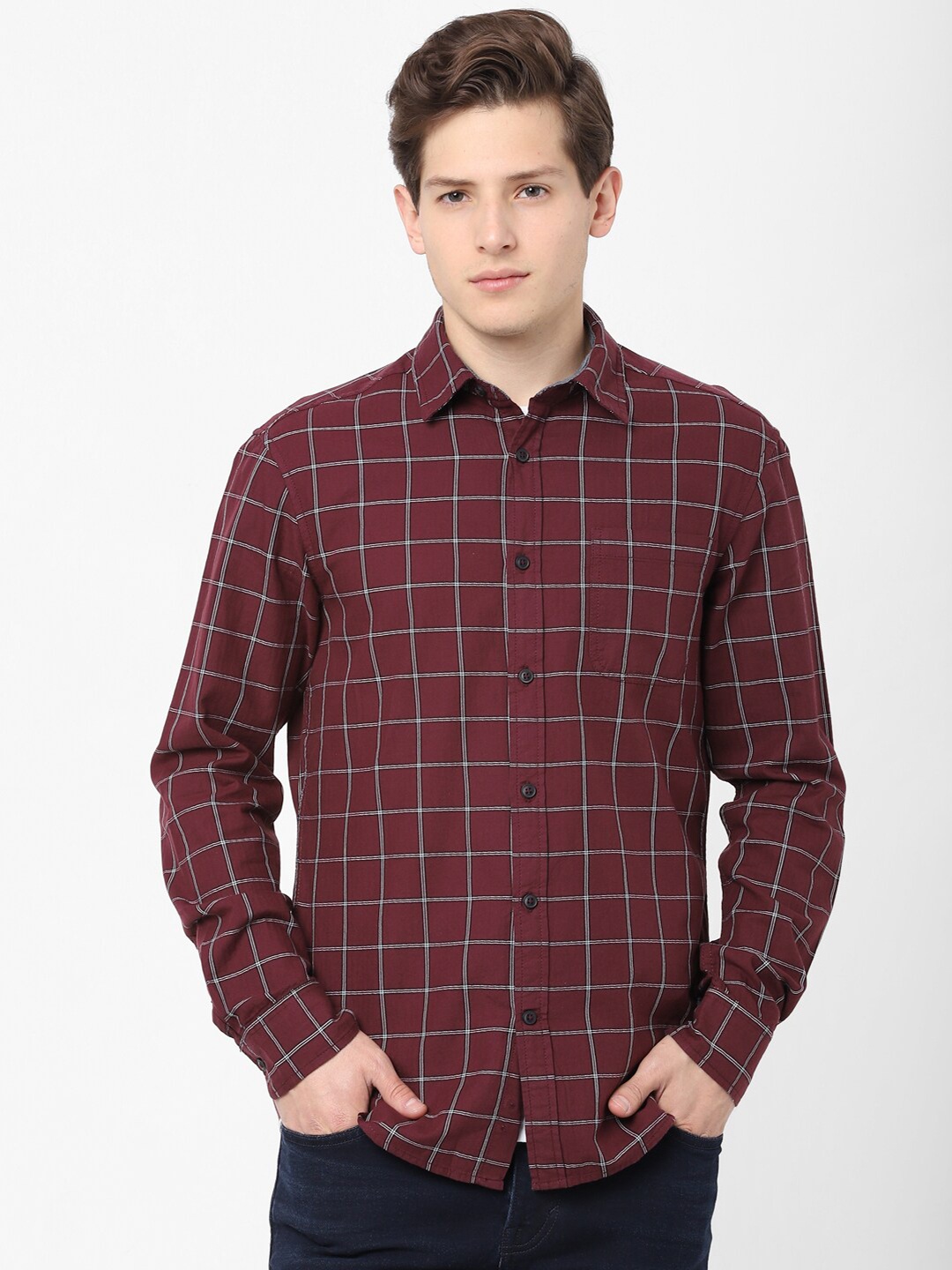 

Celio Men Maroon Windowpane Checked Casual Cotton Shirt