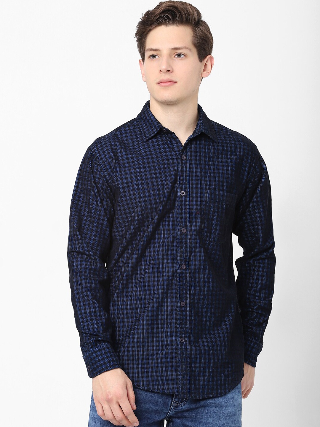 

Celio Men Blue & Black Slim Fit Checked Cotton Casual Shirt