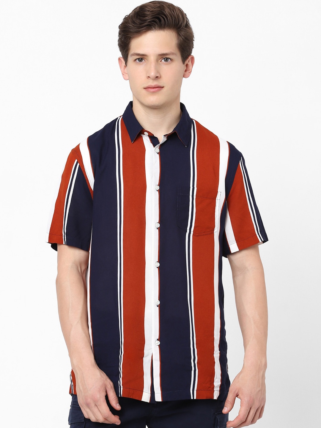 

Celio Men Rust & Navy Blue Striped Casual Shirt, Red