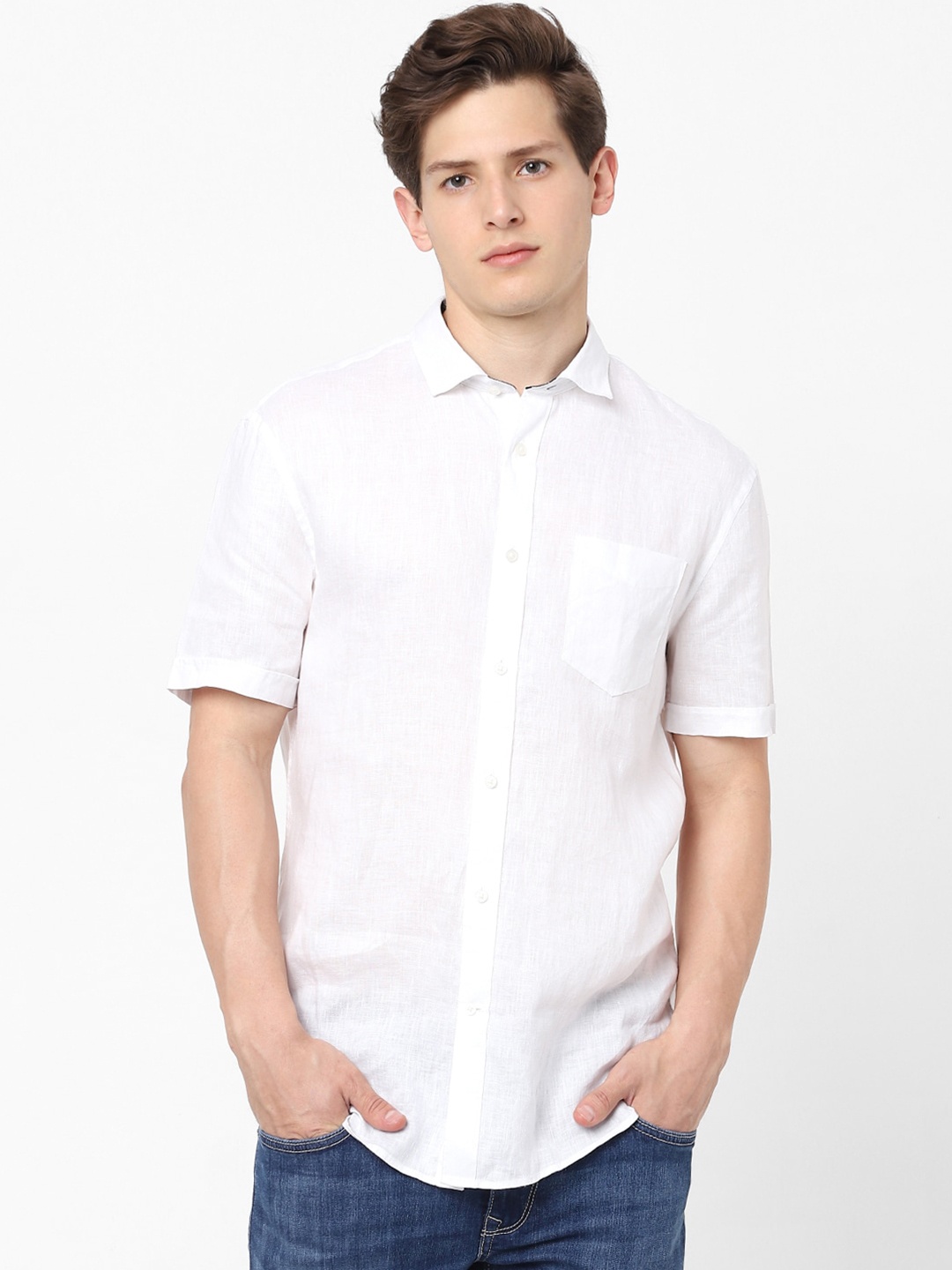 

Celio Men White Casual Half Sleeve Linen Shirt