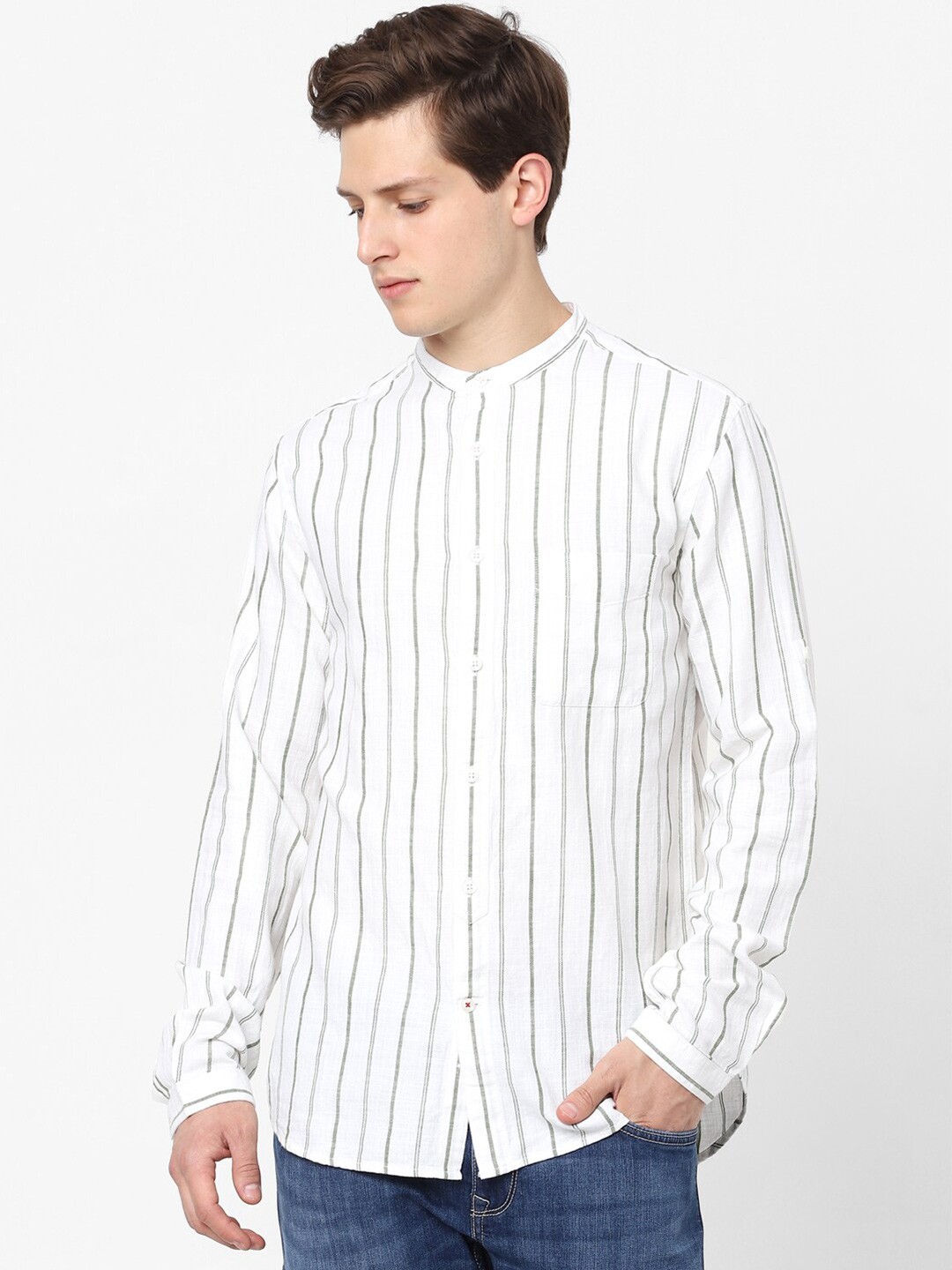 

Celio Men White & Olive Green Slim Fit Striped Cotton Casual Shirt