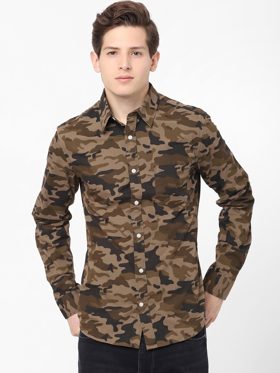 

Celio Men Olive Brown & Black Slim Fit Camouflage Printed Cotton Casual Shirt