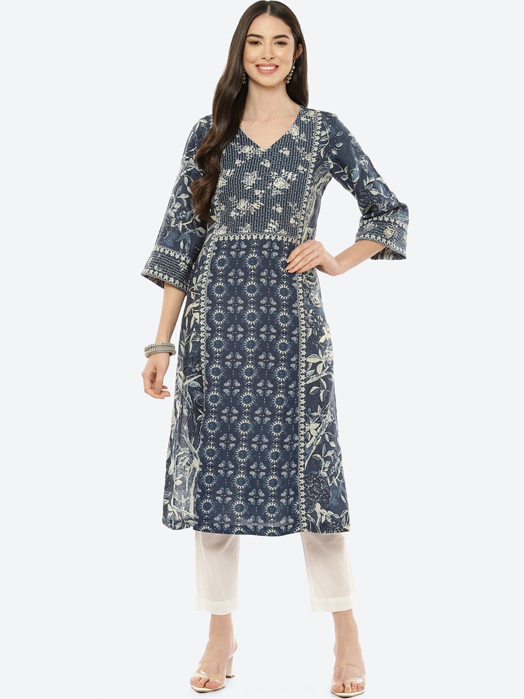 

Biba Women Navy Blue & Off White Ethnic Motifs Print Straight Kurta