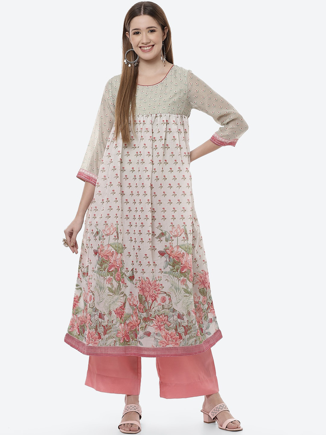 

Biba Women Pink & Green Ethnic Motifs Printed Anarkali Kurta