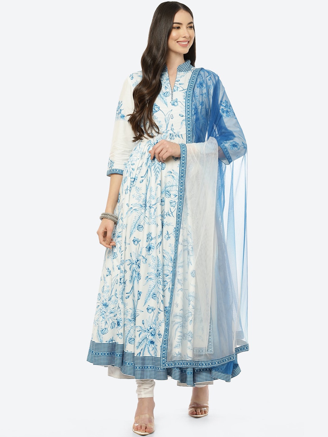 

Biba Women White & Blue Floral Printed Empire Kurta with Churidar & Dupatta
