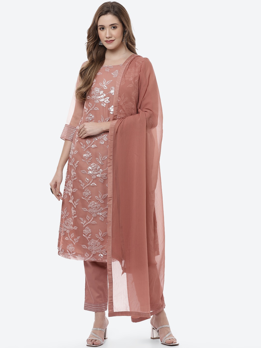 

Biba Women Mauve & Silver-Toned Floral Embroidered Kurta with Trousers & Dupatta