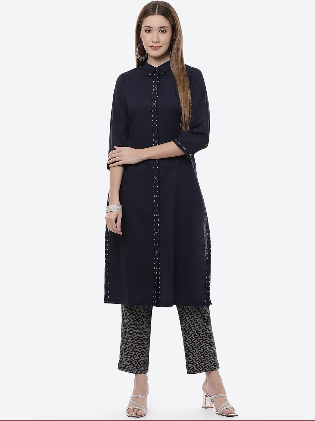 

Biba Women Navy Blue Pure Cotton Kurta with Trousers