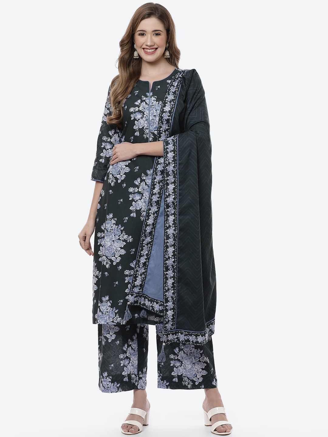 

Biba Women Black Floral Printed Pure Cotton Kurti with Palazzos & With Dupatta