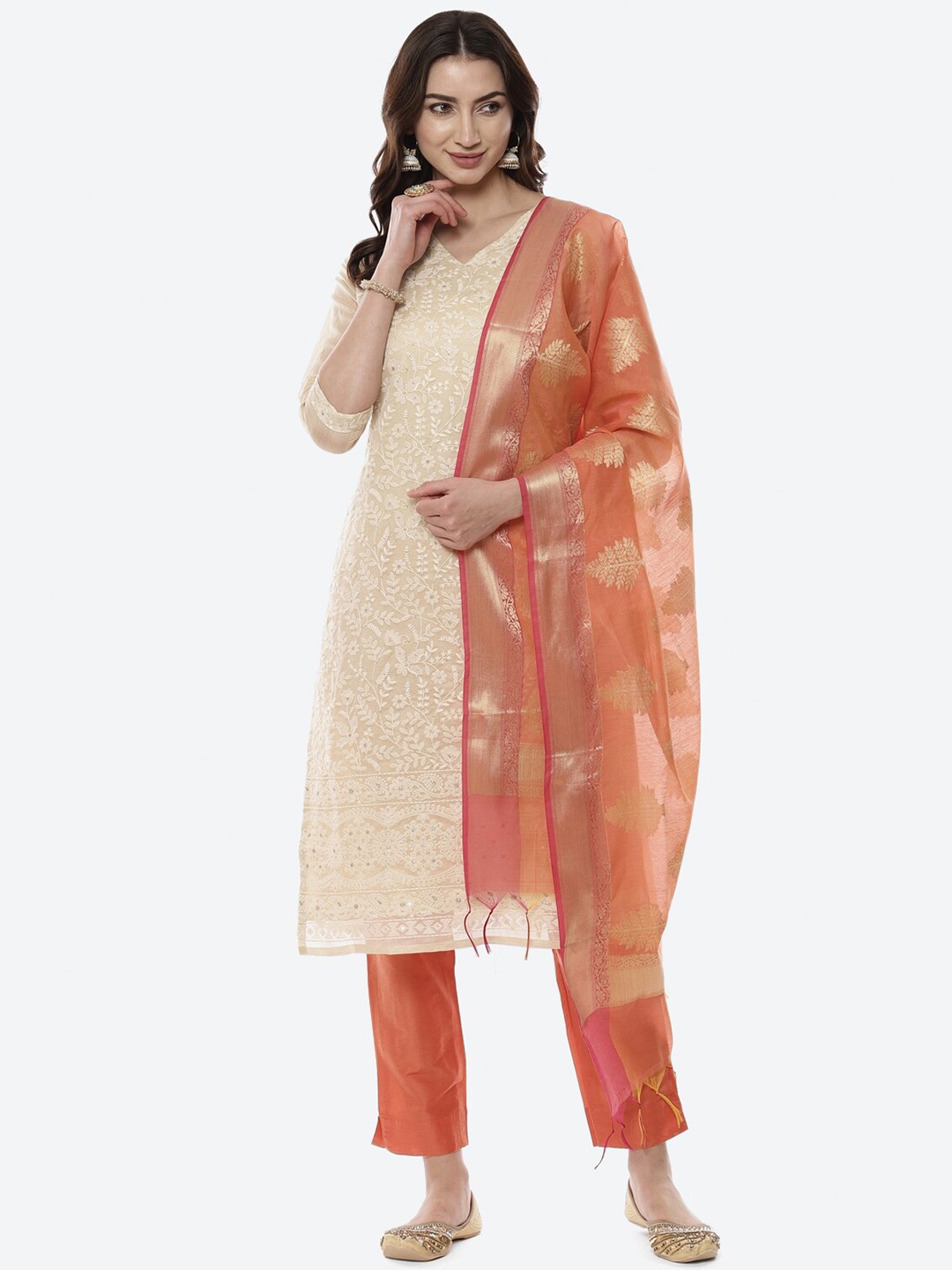 

Biba Women Beige & Orange Embroidered Unstitched Dress Material