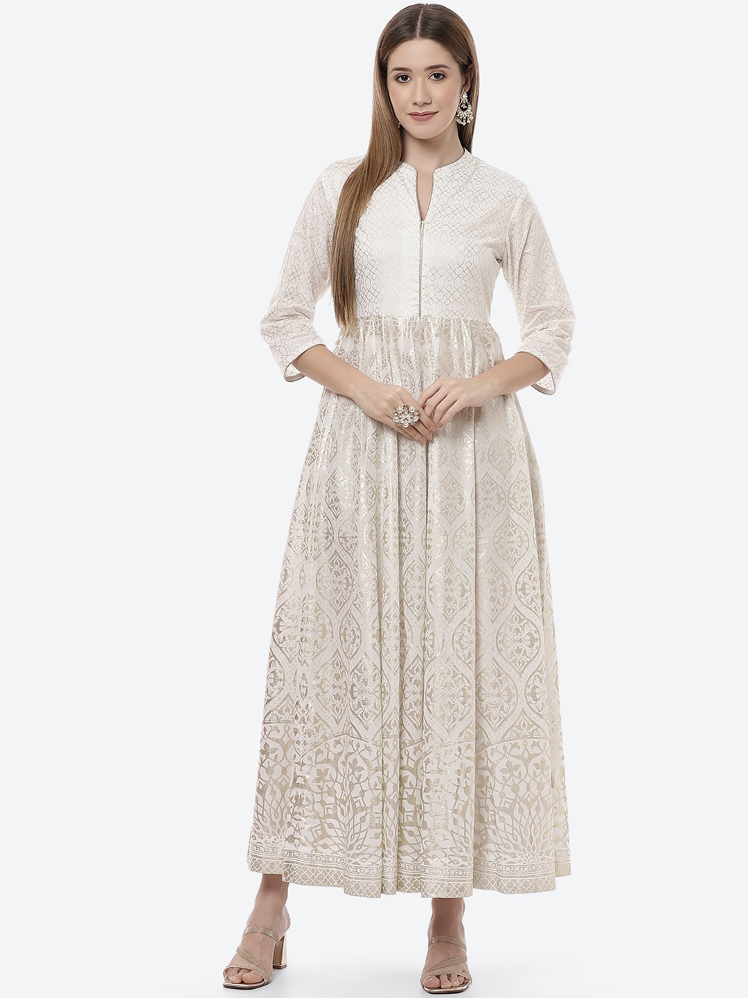 

Biba Women Off White & Gold-Toned Ethnic Motifs Cotton Maxi Dress