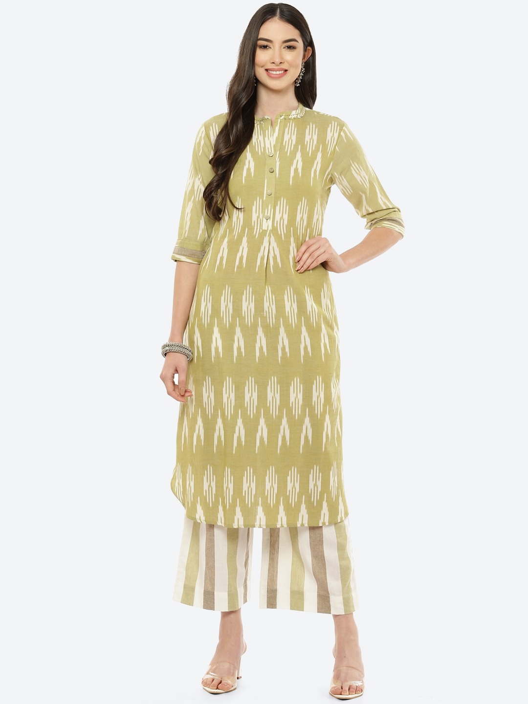 

Biba Women Olive Green Striped Pure Cotton Kurta with Palazzos