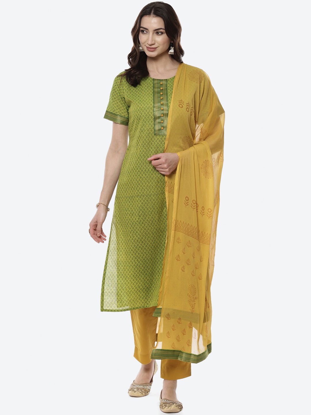 

Biba Green & Yellow Embellished Pure Cotton Unstitched Dress Material