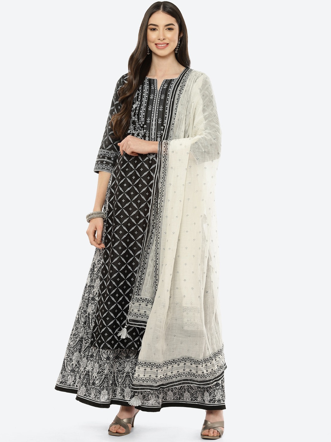 

Biba Women Black Ethnic Motifs Printed Kurta with Palazzos & Dupatta