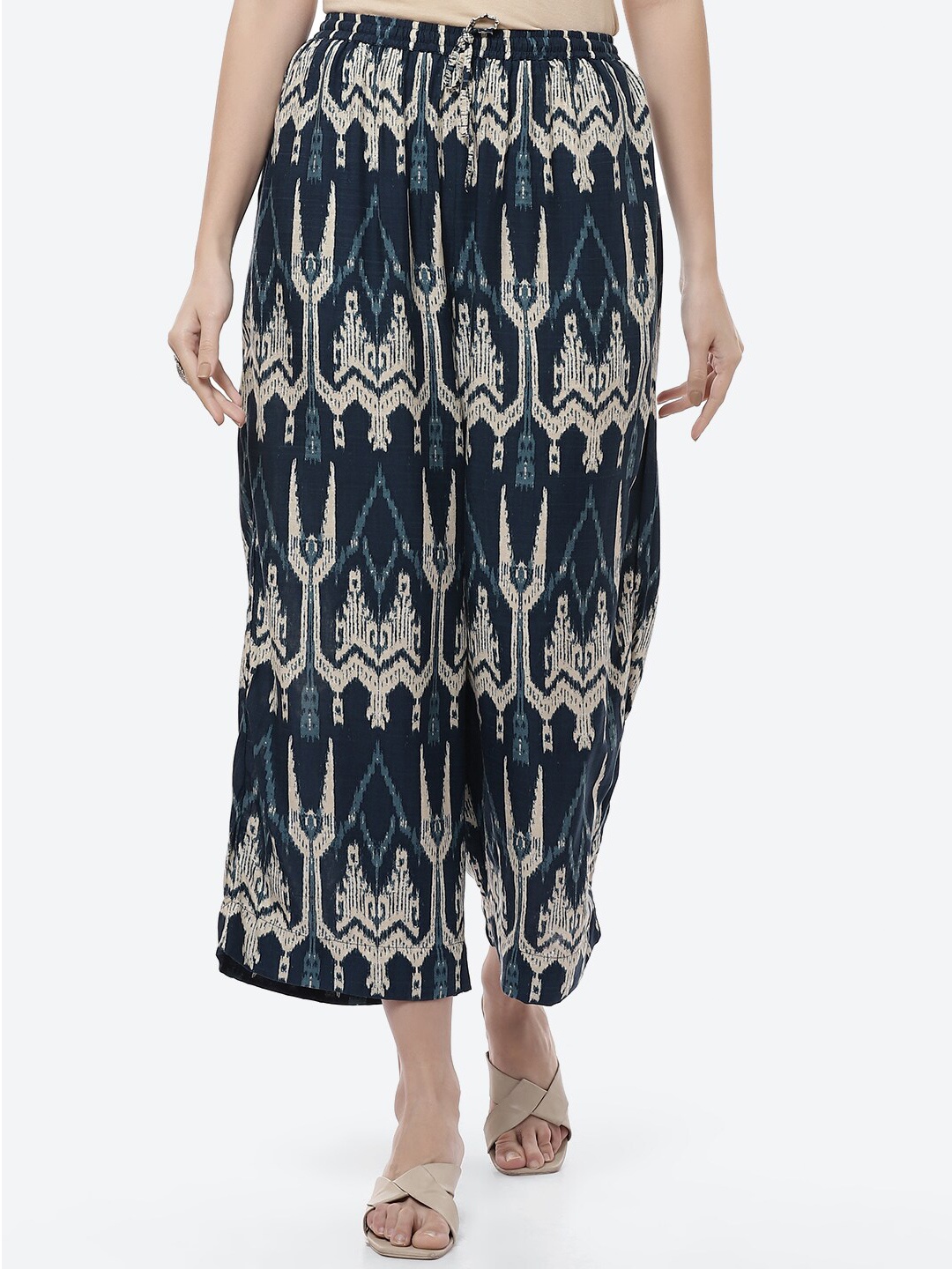 

Biba Women Navy Blue & Beige Printed Palazzos