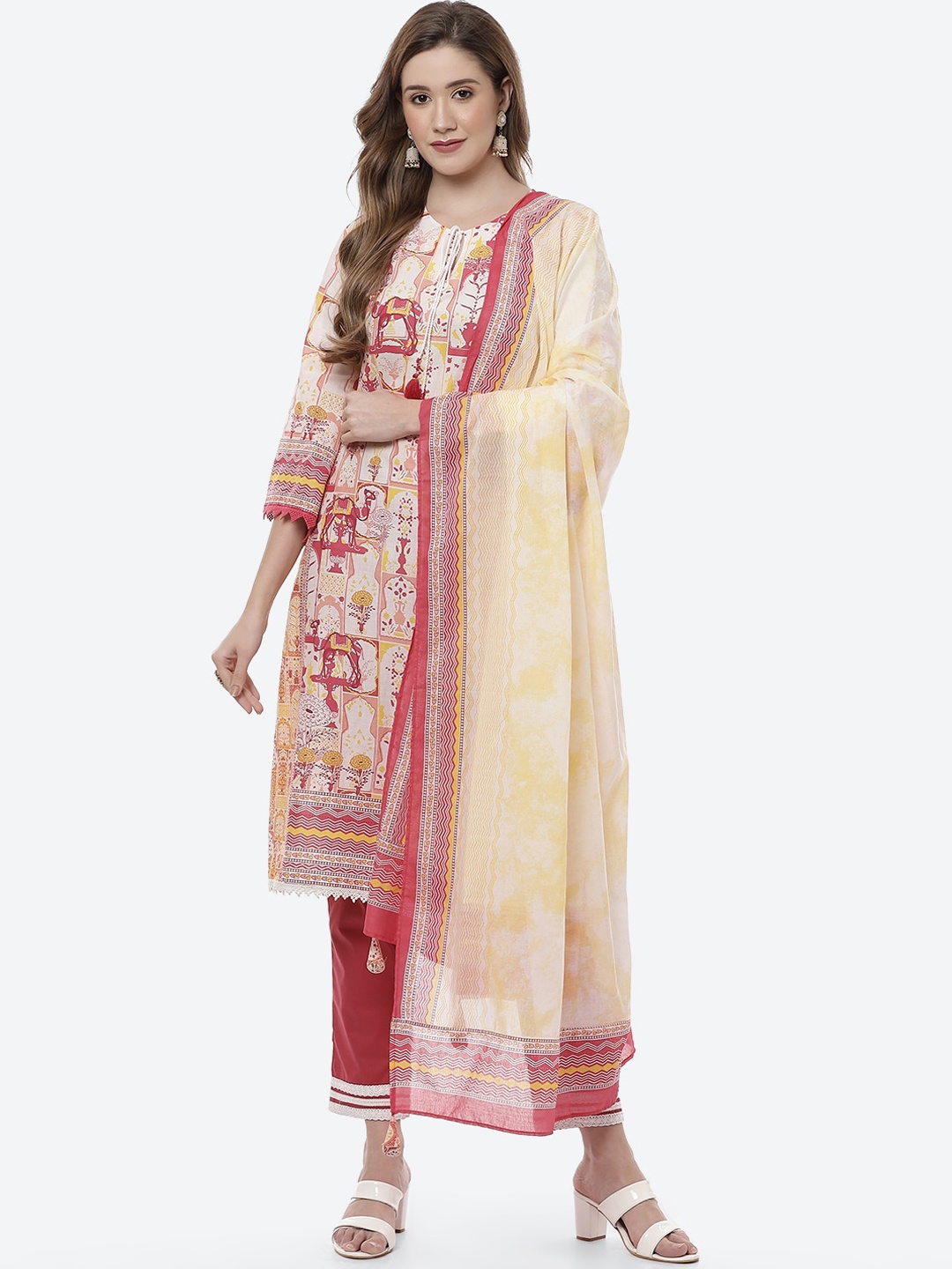 

Biba Women Cream-Coloured Printed Pure Cotton Kurta with Palazzos & With Dupatta