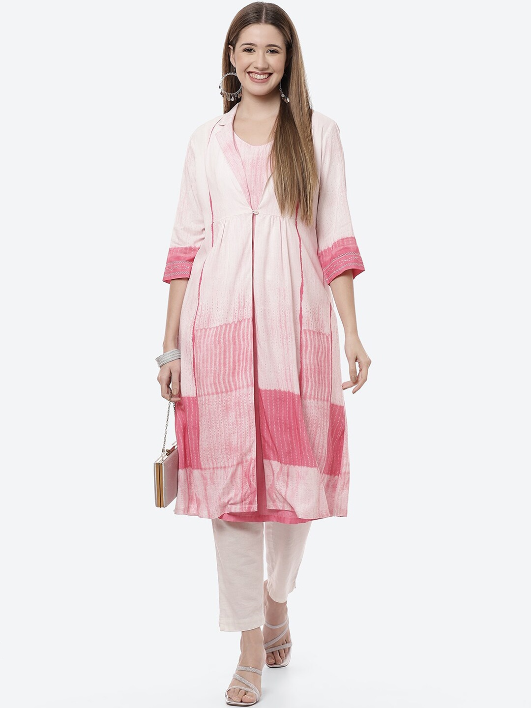 

Biba Women Pink & White Striped Kurta & Jacket
