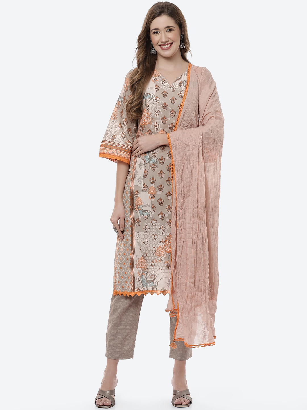 

Biba Women Grey Ethnic Motifs Printed Pure Cotton Kurta with Trousers & Dupatta