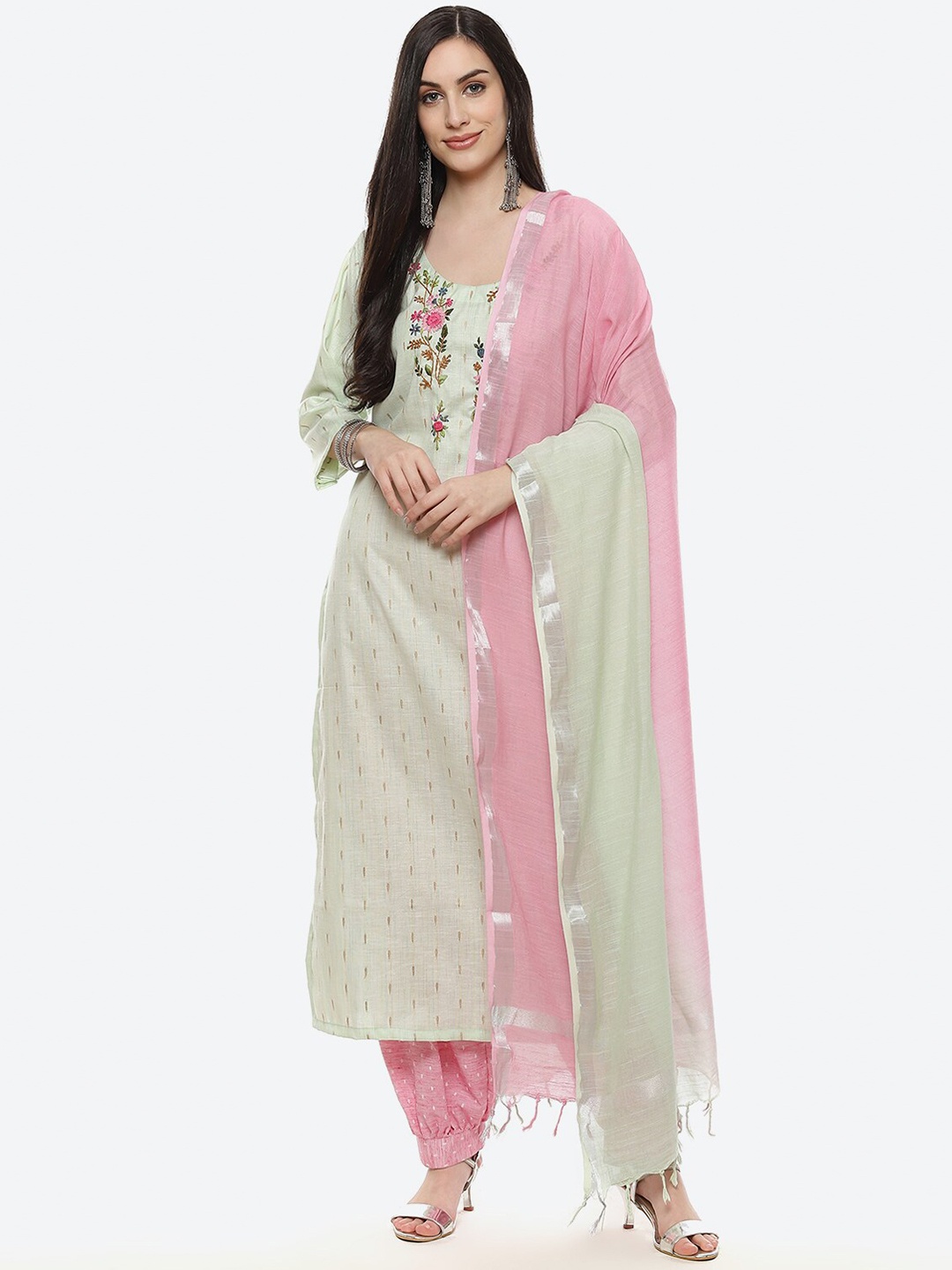 

Biba Green & Pink Embroidered Pure Cotton Unstitched Dress Material