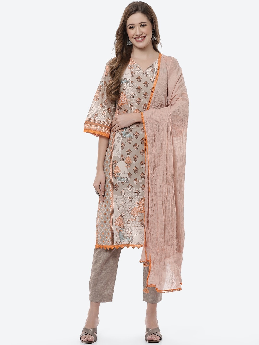 

Biba Women Grey Ethnic Motifs Printed Pure Cotton Kurta with Trousers & Dupatta